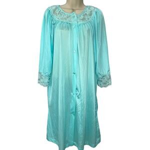 Vintage Gilead Nylon Robe Housecoat Sz S Silky Lace Button Teal Blue 3/4 Sleeve